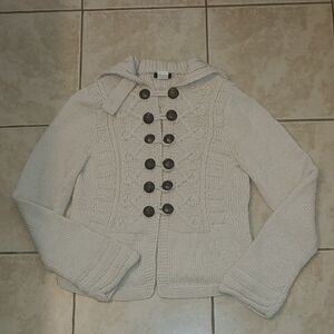 VTG J. Crew Hand Knit Wool Cardigan Cream Cable-Knit Military Sweater Women's M